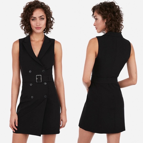 Express Sleeveless Blazer Dress Belted Black Size Large Double Breasted Suit L‎ - Picture 1 of 13